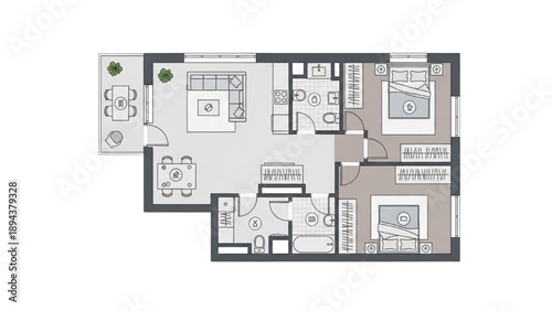 Comprehensive Architectural Blueprint Illustrating a Contemporary Two-Bedroom Apartment Layout with Balcony
