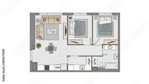 Modern two-bedroom apartment floor plan showcasing an efficient and functional living space layout with contemporary furniture arrangement and clear spatial design