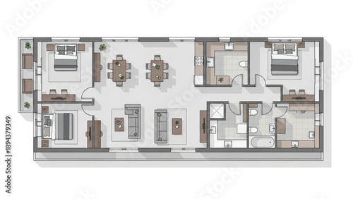 Detailed architectural blueprint of a modern multi-bedroom apartment or condominium layout showcasing comprehensive room arrangements