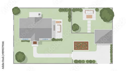 Top-down view of a modern house with a backyard, patio, and garage