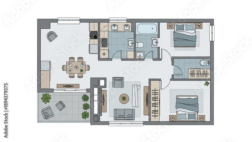 Modern apartment floor plan illustration showing detailed room layout, furniture, and interior design