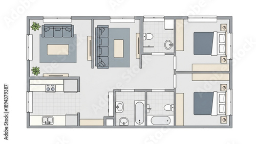 Detailed architectural illustration of a modern two-bedroom apartment floor plan with complete furnishing and functional layout design