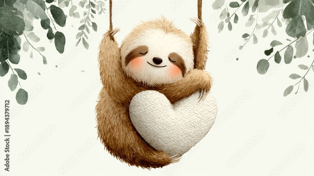 Fototapeta premium Adorable illustration of a smiling sloth cuddling a knitted heart on a swing framed by watercolor foliage, perfect for nursery decor, greeting cards, or romantic designs.