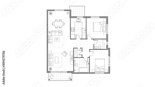 Modern Apartment Floor Plan with Three Bedrooms and Open Living Area