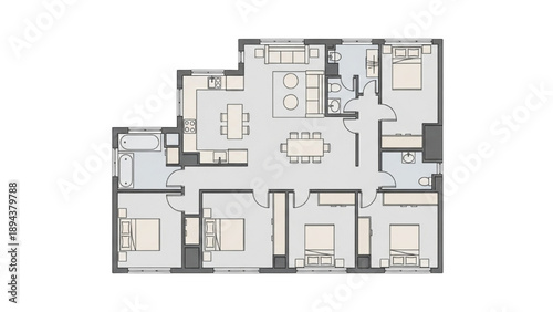 Detailed architectural floor plan presenting a multi-bedroom dwelling layout, conceptualized for efficient residential living and contemporary home design ideas