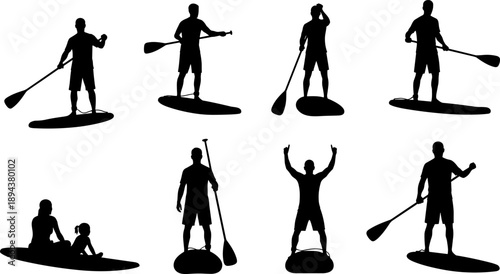 Set of paddle boarder silhouettes showing stand up paddleboarding poses, black human figures isolated on white background for water sports, summer activity, and outdoor recreation designSet of paddle 