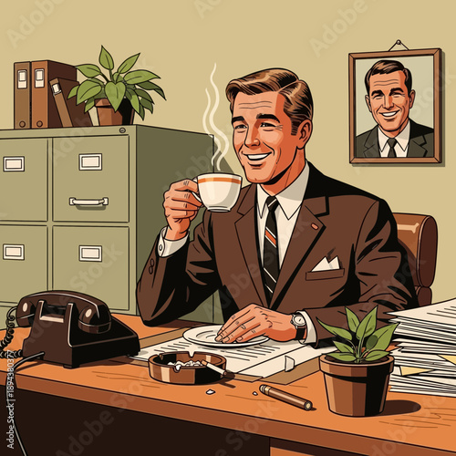 Businessman enjoying coffee break at retro office desk