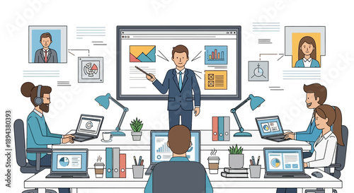 Businessman presenting to coworkers in office.