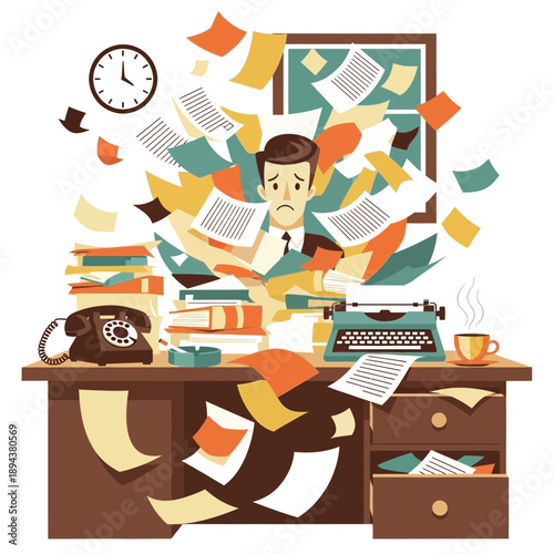 Overwhelmed businessman buried in paperwork at messy desk with typewriter and clock