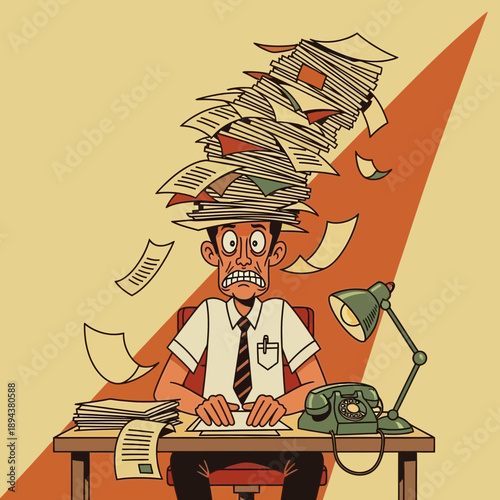 Overwhelmed businessman with huge stack of papers on head, working at desk