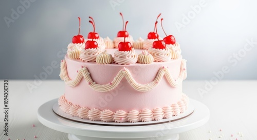 Pink frosted layer cake topped with cherries and cream swirls.