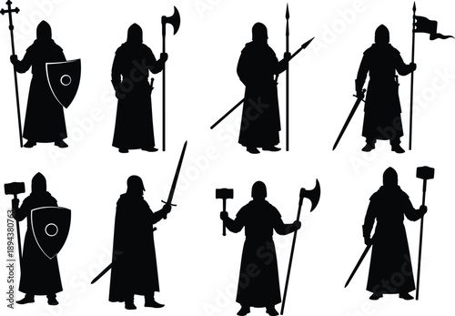 Ottoman warrior silhouette illustration set featuring medieval soldiers with swords axes shields flags, historical army characters, ancient battle equipment, black vector collection isolated on white
