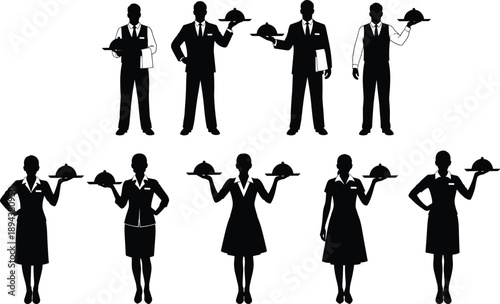 Professional waiter and waitress silhouettes set holding serving trays showing hospitality staff poses isolated on white background for restaurant service, catering, hotel, 