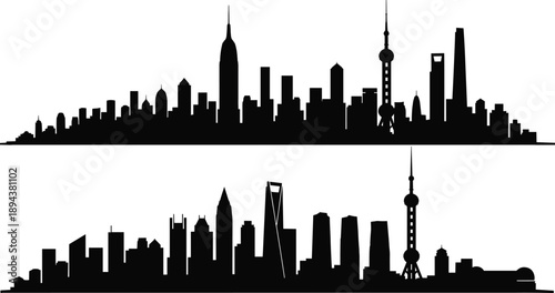 Shanghai city skyline silhouette illustration with iconic skyscrapers and modern landmarks, urban metropolitan panorama isolated on white background, architecture travel and business concept