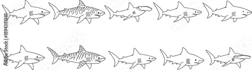 Shark line art illustration set showing different swimming poses, hand drawn marine predator collection isolated on white background for wildlife and ocean design