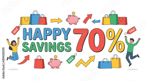Happy Savings 70% Off Sale Banner with Shopping Bags and Piggy Banks
