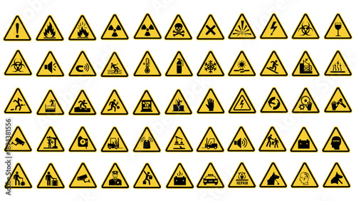 A comprehensive collection of yellow triangular warning and hazard signs featuring various black pictograms for safety and danger alerts in industrial settings.