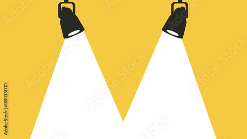 Two black spotlights illuminate a vibrant yellow background with bright white light beams creating a dynamic visual effect.