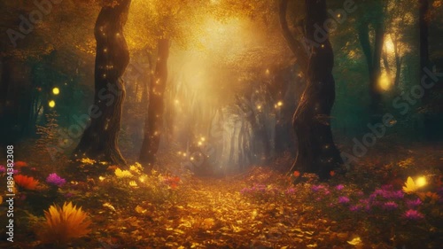 Enchanted forest path bathed in golden light with glowing particles and colorful flowers.