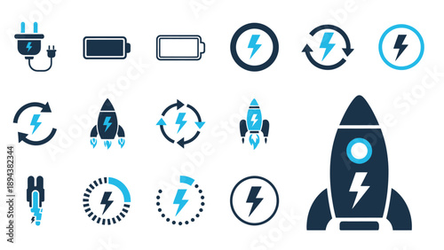 A collection of energy, power, charging, and rocket launch icons in blue and dark grey, symbolizing speed, efficiency, and battery status.
