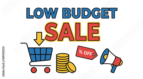 Low Budget Sale Event Featuring Discounts on Products in Vibrant Graphic Style