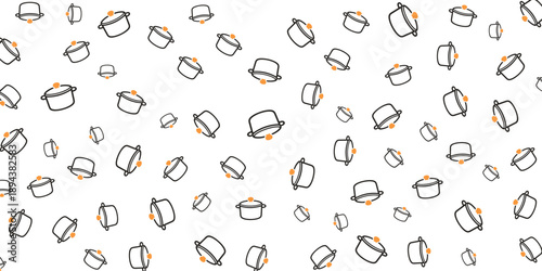 Cute cartoon pots with orange handles scattered randomly on a white background