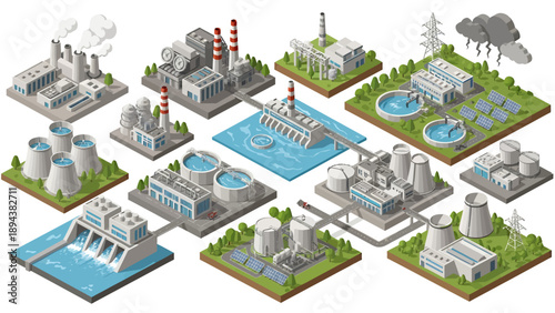 Isometric illustration of various industrial facilities and power generation plants including nuclear, thermal, hydro, and solar energy, along with water treatment.