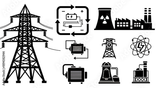 Collection of black silhouette icons representing electricity generation, power transmission, nuclear energy, and industrial power plants.