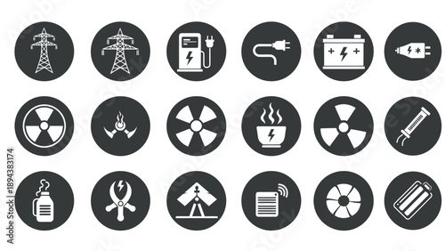 Collection of black and white circular icons representing various energy sources, power generation, and industrial tools.