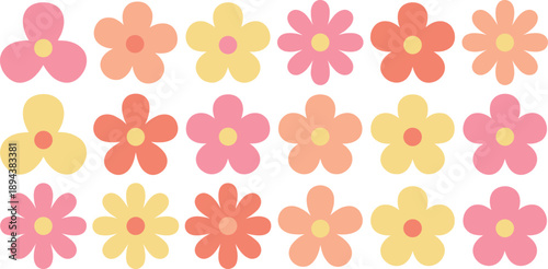 Groovy Daisy Flowers Set Retro Vintage Hand Drawn Cute Flat Cartoon Vector Illustration on transparent background
