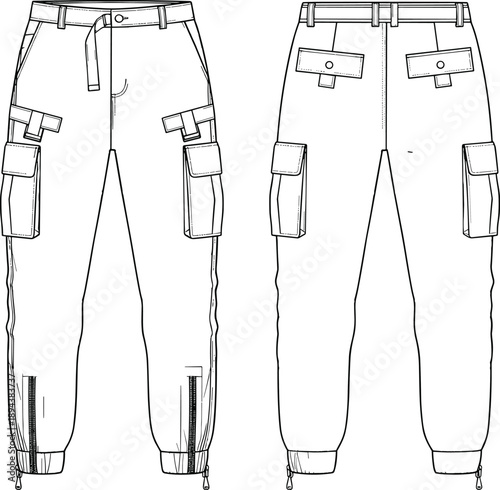 Front and back view technical fashion illustration of utility cargo pants with belt straps pockets zipper cuffs line art apparel design template isolated on white background
