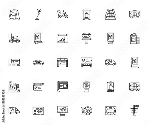 Outdoor Advertising icon set. Vector signs collection. Includes billboard, poster, banner, flag, store sign, vehicle ads and more. Editable stroke.