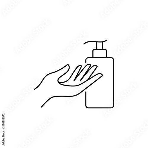 Line drawing of a hand reaching for a soap dispenser