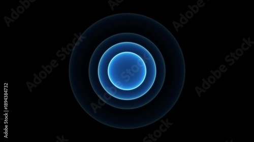 Concentric circles of glowing electric blue light radiate outwards from a dark center against a stark black background creating a hypnotic visual effect suggestive of sound waves energy pulses or a