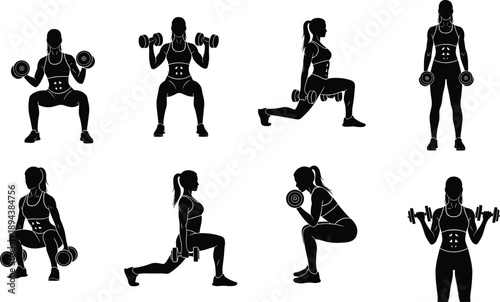 Female fitness silhouette workout illustration showing strength training, dumbbell exercises, squats and lunges for gym, home workout, bodybuilding, healthy lifestyle concept women muscle design set