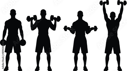 Fitness workout silhouette sequence of man lifting dumbbells showing strength training exercises, bodybuilding routine, gym workout concept isolated on white background illustration
