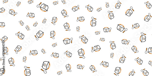 Abstract pattern of seamless repeating icons of open jars with lids and spoons, suitable for food or beverage packaging
