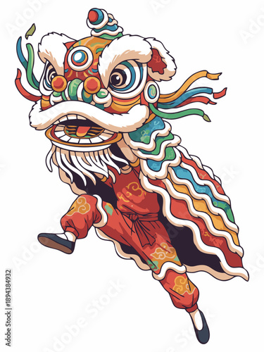 Illustration of a traditional Chinese lion dance performance