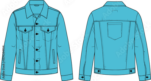 Front and back view technical fashion illustration of colored denim jacket with buttons pockets seams line art apparel design template isolated on white background