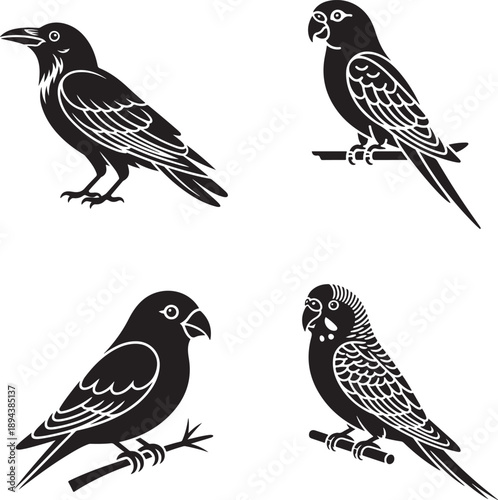 Bird Silhouette Vector Set – Crow, Parrot, Budgie, and Finch Stencil Art Icons