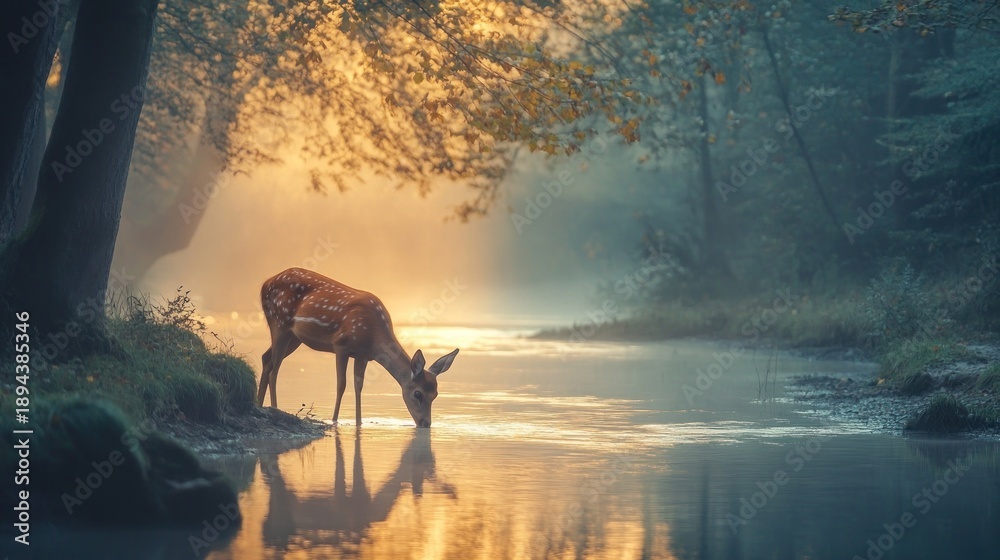 Fototapeta premium A deer drinks at a misty stream in a golden sunrise forest