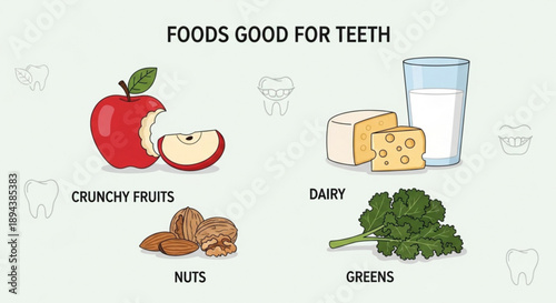 Healthy foods for teeth including crunchy fruits nuts dairy and greens for a balanced diet