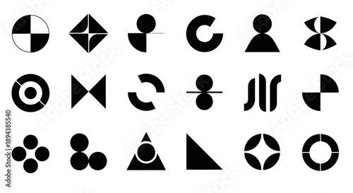 Abstract geometric shapes and symbols in black and white.