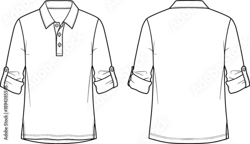 Front and back view technical fashion illustration of polo shirt with three quarter roll up sleeves buttons line art apparel design template on white background