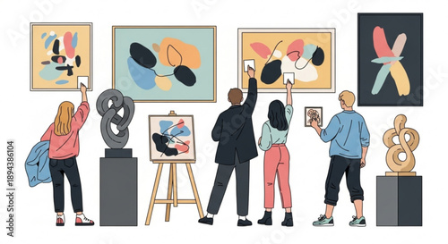 People viewing and admiring modern abstract art in a gallery with colorful paintings and sculptures on display