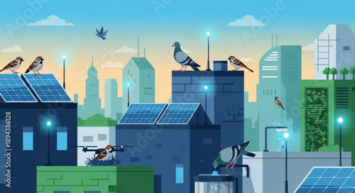 Sustainable cityscape with solar panels green buildings and birds on rooftops at sunset with drone flying