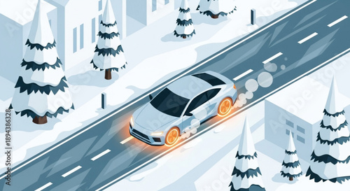 Car drives on snowy road with trees and buildings in winter landscape