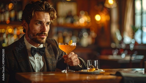 Elegant Man in Sequin Blazer Holding Orange Cocktail in Bar with Dark Wood Countertop and Back Shelves Warm Lighting