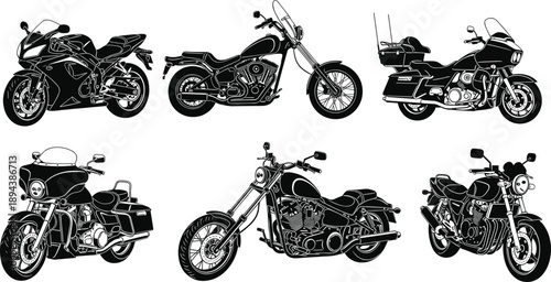 Black motorcycle silhouette set featuring sport bikes, cruisers, choppers, and touring motorcycles, detailed motorbike collection for transportation, racing, and 
