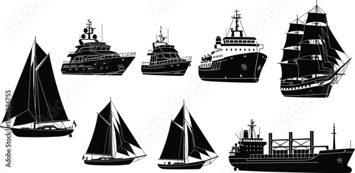 Black silhouette collection of sailing boats, yachts, cargo ships and vintage tall ships isolated on white background for marine nautical design projects